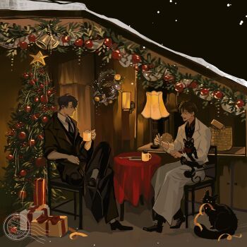 2boys animal basket bell black_cat black_coat black_eyes black_hair black_necktie black_shirt cat chair christmas_tree coat collared_shirt crossed_legs cup full_body gift highres holding holding_animal kim_dokja male_focus multiple_boys necktie omniscient_reader&#039;s_viewpoint shirt short_hair sitting table typo_koneko white_coat white_shirt yoo_joonghyuk