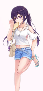 absurdres bag belt commentary_request gochuumon_wa_usagi_desu_ka? high_heel_sandals high_heels highres jewelry origami-hui pendant purple_eyes purple_hair sandals shorts stiletto_heels tedeza_rize