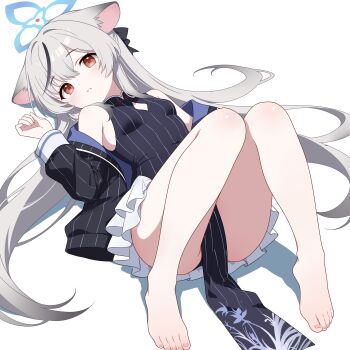 1girl absurdres animal_ears ass bare_shoulders barefoot black_bow black_dress black_jacket black_panties blue_archive blue_halo bow breasts brown_eyes china_dress chinese_clothes cleavage_cutout clothing_cutout commentary_request covered_navel diamond_cutout dot_nose double-parted_bangs dress feet frilled_skirt frills full_body grey_hair hair_bow halo hand_up highres jacket knees_together_feet_apart knees_up kokona_(blue_archive) layered_skirt light_blush loli long_hair long_sleeves looking_at_viewer lying multicolored_hair off_shoulder on_back open_clothes open_jacket panties parted_lips pelvic_curtain side_slit sidelocks simple_background skirt sleeveless sleeveless_dress small_breasts solo streaked_hair striped_clothes striped_dress striped_jacket tiger_ears toenails toes turtleneck turtleneck_dress underwear user_tvzy2224 vertical-striped_clothes vertical-striped_dress vertical-striped_jacket very_long_hair white_background white_skirt