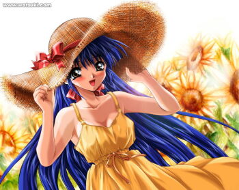 1girl bad_id bare_arms blue_hair breasts brown_eyes cleavage dress dutch_angle field flower flower_field hair_ribbon hands_on_headwear hat hat_ribbon long_hair looking_at_viewer medium_breasts open_mouth original outdoors red_ribbon ribbon smile solo straw_hat sun_hat sundress sunflower sunflower_field upper_body very_long_hair watermark watsuki_ayamo web_address yellow_dress yellow_ribbon