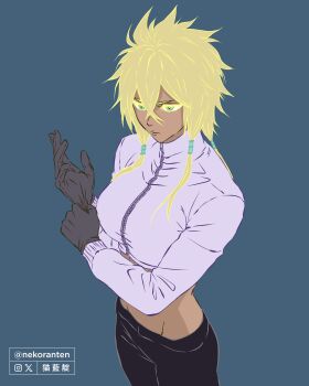 1girl absurdres adjusting_eyewear black_gloves bleach blonde_hair breasts colored_eyelashes commentary crop_top cropped_jacket crossed_bangs english_commentary espada expressionless from_above gloves green_eyes hair_between_eyes hair_tubes highres hip_bones jacket large_breasts lowleg lowleg_pants midriff nekoranten pants solo tier_harribel turtleneck turtleneck_jacket twitter_username