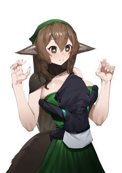 1girl 1other absurdres aged_down animal_ears arknights black_coat breasts bright_pupils brown_eyes brown_hair chinese_commentary coat collarbone commentary_request doctor_(arknights) dress fingernails fox_ears fox_girl fox_tail ghosty_(xiaobai) green_dress green_hairband hairband hands_up highres hug huge_breasts light_blush long_fingernails long_hair looking_at_another parted_lips perfumer_(arknights) perfumer_the_distilled_(arknights) simple_background single_bare_shoulder sleeveless standing tail teeth white_background white_pupils