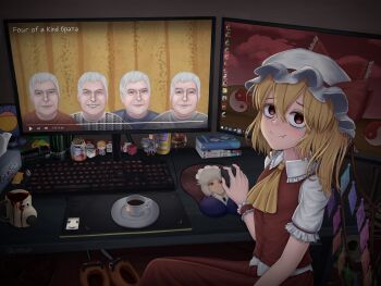 1girl 4boys absurdly_detailed_composition absurdres aqua_(konosuba) at_computer blood blood_bag book breast_mousepad call_of_duty call_of_duty:_modern_warfare_2 chainsaw_man closed_mouth computer_keyboard computer_mouse cosplay cup david_livesey doom_(series) doom_i drawing_tablet engineer_(tf2) english_text fang fang_out figure flandre_scarlet flandre_scarlet_(cosplay) four_of_a_kind_(touhou) gennady_gorin google_chrome gromit grummsed hakurei_reimu hat highres izayoi_sakuya kono_subarashii_sekai_ni_shukufuku_wo! loaded_interior long_john_silver looking_at_viewer looking_back manga_(object) marlboro megumin microsoft_windows minecraft mob_cap mob_psycho_100 monitor monster_energy mousepad_(object) mug multiple_boys pochita_(chainsaw_man) postal_(game) quake_(series) quake_3_arena razor_blade real_life red_engineer_(tf2) reigen_arataka russian_text serious_sam shoujo_shuumatsu_ryokou skull slippers smile solo steam_(platform) super_meat_boy tea teacup team_fortress_2 telegram_logo terraria the_binding_of_isaac touhou treasure_island_(1988) ultrakill wallace_&amp;_gromit windows_10 youtube yuuri_(shoujo_shuumatsu_ryokou)