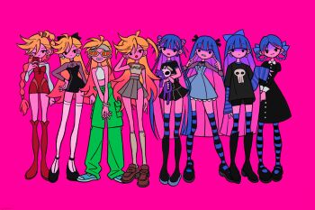 6+girls ahoge alternate_costume alternate_hairstyle aqua_dress aqua_pants aqua_shoes arm_at_side arm_behind_head asymmetrical_bangs black_boots black_dress black_eyes black_shirt black_shoes black_shorts black_skirt black_thighhighs blonde_hair blue_hair blue_sleeves blue_theme blunt_bangs blunt_ends boots bow braid braided_ponytail brown_boots brown_dress brown_shoes buttons cargo_pants center-flap_bangs closed_mouth collared_dress colored_inner_hair colored_skin commentary_request cropped_shirt cross-laced_clothes cross-laced_dress double_bun dress dress_shoes dual_persona earrings emo_fashion english_text eyeshadow facing_viewer fashion flat_color flats frown full_body gold_choker goth_fashion gradient_hair green_pants grey_skirt hair_between_eyes hair_bow hair_bun hair_ribbon hair_tubes hair_wings half_updo hand_on_own_hip headband high-waist_pants high_ponytail highres honekoneko_(psg) horizontal-striped_sleeves horizontal-striped_thighhighs interlocked_fingers jenny_kaori jewelry juliet_sleeves knee_boots lace lace-trimmed_dress lace_trim layered_sleeves legs_apart loafers long_shirt long_sidelocks long_sleeves looking_at_viewer looking_to_the_side makeup mary_janes midriff miniskirt multicolored_hair multiple_girls neon_palette off-shoulder_shirt off_shoulder official_alternate_costume official_alternate_hairstyle official_art one_eye_closed open_mouth orange-tinted_eyewear own_hands_together pants panty_&amp;_stocking_with_garterbelt panty_(psg) parted_bangs partially_shaded_face pearl_earrings penny_loafers peter_pan_collar pink_background pink_eyeshadow pink_hair pink_skin pleated_skirt pointing pointing_at_self ponytail print_shirt puffy_sleeves punk raglan_sleeves raised_eyebrows red_sleeves ribbon ring ringer_t-shirt see-through_clothes see-through_sleeves shirt shoes short_dress short_over_long_sleeves short_sleeves shorts siblings side-by-side sidelocks silver_earrings simple_background single_bracelet single_hair_tube sisters skinny skirt skull_print sleeve_cuffs sleeveless sleeveless_shirt sleeves_past_wrists smile sneakers solid_circle_eyes spaghetti_strap standing stitches stocking_(psg) strapless strapless_dress streetwear stuffed_animal stuffed_cat stuffed_toy sunglasses t-shirt teeth thighhighs tinted_eyewear triangle_earrings twintails white-framed_eyewear white_headband white_shirt white_sleeves white_thighhighs