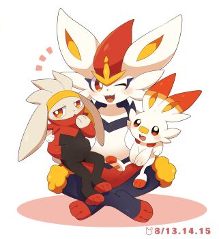 1girl 2others :3 absurdres animal_feet animal_hands animal_nose averting_eyes bandaid bandaid_on_face bandaid_on_nose black_fur blue_fur blush body_fur bright_pupils buck_teeth chromatic_aberration cinderace dated family flat_chest full_body furry furry_female gen_8_pokemon grey_fur half-closed_eyes hand_in_pocket hand_to_own_mouth hand_up happy highres indian_style leg_up looking_at_viewer looking_to_the_side multicolored_fur multiple_others nintendo notice_lines on_lap one_eye_closed open_mouth own_hands_together pokedex_number pokemon pokemon_(creature) rabbit_ears rabbit_girl rabbit_tail raboot red_eyes red_fur red_hair scorbunny short_hair simple_background sitting smile subaru331 teeth watermark white_background white_fur white_pupils wink