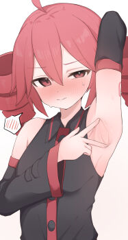 1girl absurdres ahoge arm_up armpit_focus armpits averting_eyes black_sleeves blush breasts collared_shirt commentary_request detached_sleeves dot_nose double-parted_bangs drill_hair embarrassed furrowed_brow hair_between_eyes half-closed_eyes highres kasane_teto long_sleeves medium_breasts medium_hair nicomi-chan nose_blush number_tattoo presenting_armpit red_eyes red_hair red_trim shirt simple_background solo spoken_blush spread_armpit sweat tattoo twin_drills upper_body utau v v-shaped_eyebrows wavy_mouth white_background