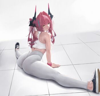 1girl absurdres arknights arknights:_endfield ass black_horns black_shoes breasts commentary converse dragon_girl dragon_horns english_commentary hair_on_horn highres horns large_breasts long_hair looking_at_viewer missing_tail multicolored_horns pants pink_horns pointy_ears shoes side_sitting_split sitting_split solo split sports_bra two-tone_horns very_long_hair white_sports_bra yoga yoga_pants yu_pian yvonne_(arknights)