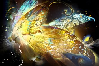 Rule 34 | 1girl, antenna hair, bare shoulders, blonde hair, butterfly wings, colored skin, cookie run, cookie run: kingdom, highres, humanization, insect wings, layered clothes, leotard, long eyelashes, long hair, pcacao, pointy ears, sugarfly cookie, very long hair, wings, yellow leotard, yellow skin