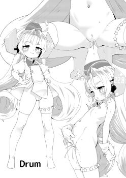 1girl bar_censor censored character_request closed_mouth drum_(kancolle) female_masturbation flat_chest greyscale hands_on_own_hips highres kantai_collection loli long_hair masturbation monochrome multiple_views nassukun navel open_mouth parted_lips pussy pussy_juice smile solo spread_legs squatting thighhighs very_long_hair