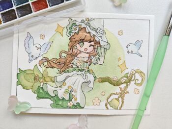 Rule 34 | 1girl, ambird (infinity nikki), animal, art tools in frame, bare shoulders, bird, broom, broom riding, brown hair, butterfly hat ornament, chibi, chinese commentary, circle, commentary request, dress, dress flower, earrings, floating clothes, floating hair, flower, flower earrings, frilled dress, frills, green background, green dress, green eyes, green flower, green hat, hair flower, hair ornament, hand in own hair, happy, hat, hat flower, hat ornament, highres, infinity nikki, jewelry, lantern, layered sleeves, light blush, long dress, long hair, long sleeves, looking ahead, low twintails, nikki (series), off-shoulder dress, off shoulder, one eye closed, open mouth, painting (medium), photo (medium), pleated sleeves, qianniaosikong, rainfall &amp; blossoms (infinity nikki), short over long sleeves, short sleeves, sidelocks, sleeves past wrists, smile, solo, sparkle, striped clothes, striped dress, traditional media, twintails, two-tone background, vertical-striped clothes, vertical-striped dress, very long hair, watercolor (medium), wavy hair, white background, white flower, witch, witch hat, yellow flower