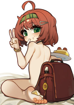 1girl ahoge armpit_crease backpack bag barefoot bed_sheet black_choker borrowed_character bracelet cake cake_slice chaos_(yui_yuu) choker closed_mouth commentary completely_nude crime_prevention_buzzer english_commentary feet food food_on_face food_on_foot from_behind full_body green_eyes green_hairband hair_ornament hairband hairclip hands_up highres holding holding_plate jewelry kotoba_(1074421015) loli looking_at_viewer looking_back medium_hair mouth_hold nude orange_hair original plate randoseru red_bag sitting soles solo strawberry_cake toes unworn_bag v variant_set wariza white_background