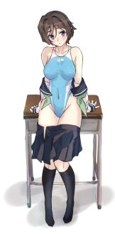 1girl black_sailor_collar black_skirt black_socks blue_one-piece_swimsuit brown_eyes brown_hair commentary_request competition_swimsuit covered_navel desk highleg highleg_one-piece_swimsuit highres one-piece_swimsuit open_clothes open_shirt original pleated_skirt sailor_collar school_desk school_uniform serafuku shirt_partially_removed short_hair simple_background sitting skirt socks solo swimsuit swimsuit_under_clothes take_(pixiv58784208) unworn_clothes white_background