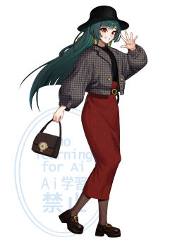 1girl absurdres alternate_costume astra_yao bag belted_skirt black_hat black_shirt black_shoes blush brown_bag brown_pantyhose commentary earrings english_commentary floral_print full_body green_hair grey_jacket grin hand_up hat highres holding holding_bag jacket jewelry long_hair long_skirt looking_at_viewer open_clothes pantyhose puffy_sleeves red_eyes red_skirt shirt shoes skirt smile solo waving yger zenless_zone_zero