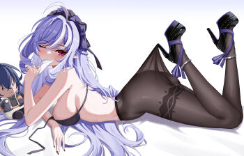 1girl absurdres ahoge aichinaigai ass belle_(zenless_zone_zero) black_bra black_pantyhose bra breasts character_doll chinese_commentary commentary_request doll high_heels highres holding holding_letter implied_yuri lace_pantyhose_hooked_on_heel_(meme) large_breasts letter long_hair looking_at_viewer meme one_eye_closed pantyhose pointy_ears purple_eyes purple_hair simple_background solo underwear very_long_hair vivian_banshee white_background zenless_zone_zero