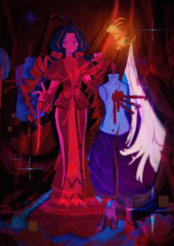 1girl ahoge black_hair blood bow dress drill_hair eyeshadow gold_mask grey_eyeshadow highres limbus_company long_hair looking_at_viewer makeup mannequin multicolored_hair nicolina_(project_moon) project_moon red_bow red_dress red_eyes red_hair red_streaks streaked_hair string thread twin_drills twintails two-tone_hair very_long_hair vgh3pncsgb22169