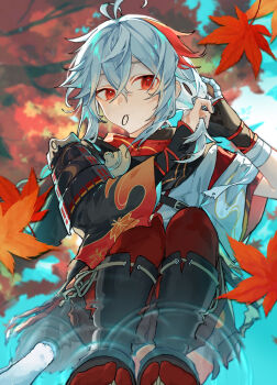 1boy absurdres armor autumn_leaves bandaged_hand bandages bishounen black_sandals genshin_impact hairband hand_up highres japanese_armor japanese_clothes kaedehara_kazuha kimono leaf male_focus maple_leaf maple_tree multicolored_hair nogi_(nokisaki) red_eyes reflection reflective_liquid sandals short_hair shoulder_armor sode solo squatting streaked_hair tree two-tone_hair tying_hair white_hair white_kimono zouri