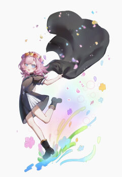 1girl absurdres aged_down alternate_costume black_boots black_cape black_dress blue_eyes boots cape chinese_commentary commentary_request dress elf elysia_(honkai_impact) full_body head_wreath highres honkai_(series) honkai_impact_3rd looking_at_viewer open_mouth pink_hair pointy_ears seawave02974 short_hair simple_background smile solo white_background