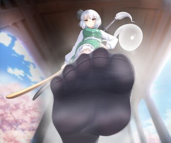 1girl absurdres feet hand_on_own_hip highres konpaku_youmu looking_at_viewer medium_hair ming pov red_eyes smile socks soles steam toes touhou white_hair