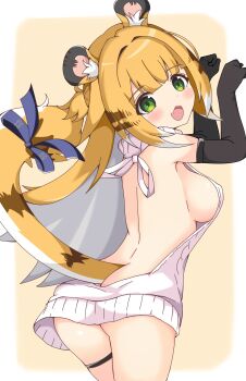 1girl :d absurdres alternate_breast_size alternate_costume animal_ears ass black_gloves blonde_hair blue_bow blush bow breasts elbow_gloves fang gloves green_eyes grey_hair highres ju_fufu large_breasts loli long_hair looking_at_viewer multicolored_hair nkct open_mouth oppai_loli paw_pose sideboob skin_fang smile solo tail tail_bow tail_ornament thigh_strap tiger_ears tiger_girl tiger_stripes tiger_tail two-tone_hair virgin_killer_sweater zenless_zone_zero