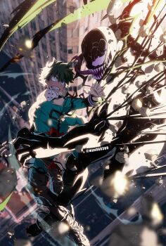 2boys black_skin black_whip_(boku_no_hero_academia) blank_eyes bloom blurry blurry_background blurry_foreground bodysuit boku_no_hero_academia city claws clenched_teeth closed_mouth colored_skin crossover debris eye_contact fighting film_grain freckles from_side full_body gloves glowing glowing_eyes green_bodysuit green_eyes green_hair highres long_tongue looking_at_another male_focus marvel midair midoriya_izuku monster multiple_boys myu060309 open_mouth outdoors road sharp_teeth short_hair sidelighting spider-man_(series) spider-man_3 street symbiote teeth tongue twitter_username v-shaped_eyebrows venom_(marvel) very_long_tongue white_eyes white_gloves