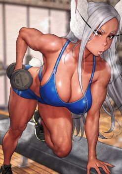 1girl absurdres b_0_rukia bare_shoulders boku_no_hero_academia breasts brown_eyes collarbone dark-skinned_female dark_skin dumbells exercising female_focus gym gym_shorts hanging_breasts highres large_breasts long_hair mirko muscular muscular_female rabbit_ears rabbit_tail shiny_skin shoes shorts sports_bra steam sweat thick_thighs thighs toned toned_female weightlifting white_hair