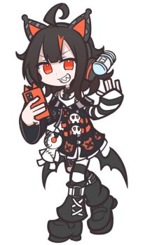1girl ahoge animal_ear_headphones animal_ears black_hair black_shoes cat_ear_headphones cat_ears eyeball_hair_ornament fake_animal_ears fake_wings full_body glass_bottle headphones magical_girl mahou_shoujo_no_majo_saiban orange_eyes orange_streaks parody puyopuyo sawatari_coco sharp_teeth shinmon_akika shoes short_hair skull_ornament smile solo stuffed_animal stuffed_toy style_parody takenami_hideyuki_(style) teeth wings