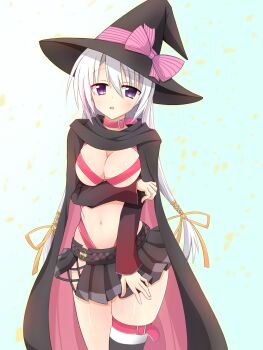 Rule 34 | 1girl, arm under breasts, ayachi nene, belt, black cape, black skirt, blue background, blush, bow, breasts, cape, chataring mai, cleavage, commentary request, cowboy shot, deep skin, detached sleeves, eyes visible through hair, grey hair, hair between eyes, hair ribbon, hat, hat bow, highres, large breasts, long hair, long sleeves, looking at viewer, miniskirt, navel, open mouth, pink belt, pink bow, pink cape, pleated skirt, purple eyes, ribbon, sanoba witch, shiny skin, sidelocks, simple background, single thighhigh, skindentation, skirt, solo, stomach, straight hair, striped clothes, striped thighhighs, thighhighs, thighs, two-sided cape, two-sided fabric, very long hair, wide sleeves, witch, witch hat, yellow ribbon, zettai ryouiki
