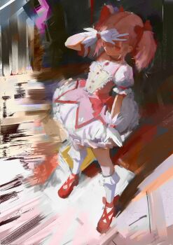 1girl absurdres arm_up bow brush_stroke bubble_skirt daodtt empty_eyes full_body gem gloves hair_bow hair_ribbon hashtag-only_commentary highres kaname_madoka kaname_madoka_(magical_girl) magical_girl mahou_shoujo_madoka_magica painterly pink_gemstone pink_hair puffy_sleeves red_bow red_eyes red_shoes ribbon shadow shoes short_hair short_twintails skirt socks solo soul_gem standing strappy_heels traditional_media twintails white_gloves white_socks