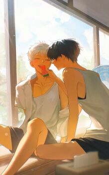 2boys black_hair black_shorts collarbone collared_shirt electric_fan feeding food fruit highres hikaru_ga_shinda_natsu holding holding_food holding_fruit holding_watermelon hot indou_hikaru kunmang looking_at_another male_focus mole mole_on_cheek mole_under_mouth multiple_boys multiple_moles on_floor one_eye_closed shirt short_eyebrows short_hair short_sleeves shorts sitting skinny sunlight tank_top teeth tsujinaka_yoshiki watermelon watermelon_slice white_hair white_shirt white_tank_top yaoi