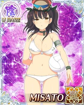 1girl :&lt; ahoge animal animal_on_head arm_behind_back armband ball bikini border breasts brown_eyes brown_hair cape card_(medium) character_name choker cleavage game_cg gluteal_fold green_armband green_cape groin hair_ornament heart heart_ahoge holding holding_ball large_breasts leaf leaf_hair_ornament leaf_on_head long_hair looking_to_the_side misato_(senran_kagura) navel official_art on_head pontarou_(senran_kagura) senran_kagura senran_kagura_new_wave short_twintails solo sunglasses swimsuit twintails volleyball_(object) white_bikini wristband