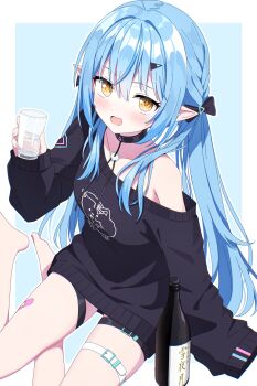 1girl :d absurdres bandaid bandaid_on_leg barefoot belt black_choker black_sweater blue_background blue_hair blush border bottle choker collarbone commentary_request cup dot_nose drinking_glass elf full_body hair_between_eyes highres holding holding_cup hololive kaie long_hair long_sleeves looking_at_viewer off_shoulder open_mouth outline outside_border pointy_ears sidelocks simple_background single_bare_shoulder sitting smile solo sweater thigh_belt thigh_strap virtual_youtuber white_border white_outline yellow_eyes yukihana_lamy