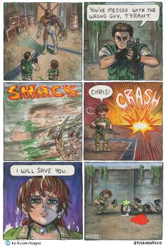 1boy 1girl absurdres artist_name bandana black_gloves blood brown_hair chris_redfield claws commentary earrings emphasis_lines english_commentary fingerless_gloves gloves gun handgun highres holding holding_gun holding_weapon jewelry rebecca_chambers red_bandana resident_evil resident_evil_1 rhiannon_kagoe speech_bubble tyrant_(resident_evil) weapon