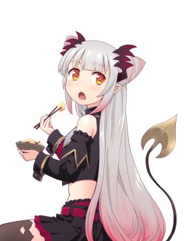 1girl bare_shoulders belt black_shirt black_skirt black_sleeves black_thighhighs black_vest blush bowl bra bright_pupils chopsticks collared_shirt commentary_request cone_hair_bun crop_top cropped_vest demon_girl demon_horns demon_tail detached_sleeves double_bun food frilled_skirt frills from_side gradient_hair grey_hair hair_bun haniwa_(leaf_garden) headgear highres holding holding_bowl holding_chopsticks horns long_hair long_sleeves looking_back looking_to_the_side midriff miniskirt multicolored_hair nanashi_inc. open_mouth orange_eyes panties panty_straps pink_hair pink_streaks pleated_skirt pointy_ears red_belt red_bra red_panties ringed_eyes shirt side_up_bun simple_background sitting skirt sleeveless sleeveless_shirt solo suou_patra suou_patra_(1st_costume) tail textless_version thighhighs transparent_background underwear very_long_hair vest virtual_youtuber white_pupils