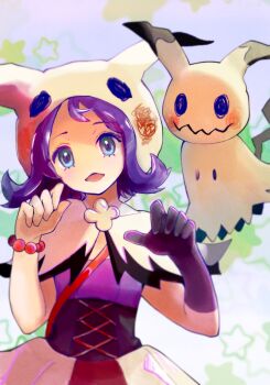 Rule 34 | 1girl, acerola (fall 2020) (pokemon), acerola (pokemon), bead bracelet, beads, black corset, black gloves, blue eyes, bracelet, capelet, corset, elbow gloves, flipped hair, gen 7 pokemon, gloves, hands up, head tilt, highres, hood, hood up, hooded capelet, jewelry, looking at viewer, mimikyu, nintendo, official alternate costume, pokemon, pokemon (creature), pokemon masters ex, purple hair, ringosan2329, short hair, single elbow glove, star (symbol), star symbol background