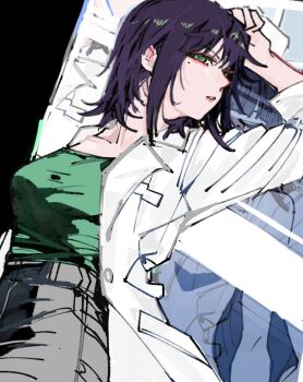 Rule 34 | 1girl, aged up, arm up, breasts, cho kaguya-hime!, coat, commentary request, dohwa110, green eyes, green shirt, grey skirt, korean commentary, lab coat, long sleeves, looking at viewer, lying, medium breasts, medium hair, mole, mole under eye, on back, parted lips, sakayori iroha, shirt, skirt, solo, white coat