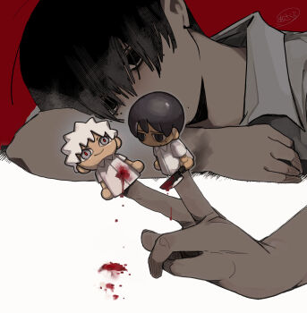 Rule 34 | 1boy, asakura (asakuraren01), black hair, bleeding, blood, character doll, character puppet, collared shirt, commentary, doll, finger puppet, highres, hikaru ga shinda natsu, holding, holding knife, indou hikaru, knife, male focus, mole, mole under eye, mole under mouth, murder, puppet, red background, red eyes, shirt, short hair, signature, smile, tsujinaka yoshiki, untranslatable commentary, white shirt