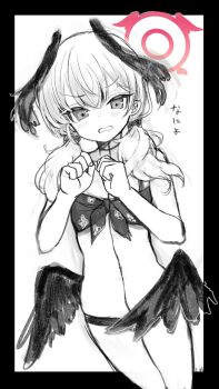 Rule 34 | 1girl, angel wings, bikini, bird tail, black bikini, black border, black wings, blue archive, blush, border, cropped legs, feathered wings, feathers, floral print, floral print bikini, front-tie bikini top, front-tie top, greyscale, halo, head wings, highres, izuoku, koharu (blue archive), koharu (swimsuit) (blue archive), letterboxed, looking at viewer, low twintails, low wings, monochrome, navel, official alternate costume, pink halo, print bikini, sketch, solo, swimsuit, tail, twintails, unfinished, wings