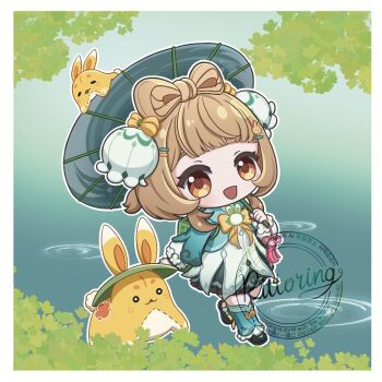 1girl :d black_shoes blue_umbrella bow bow-shaped_hair brown_hair chibi chibi_only commentary dress genshin_impact holding holding_umbrella layered_dress long_sleeves looking_at_viewer official_alternate_costume open_mouth orange_eyes podomascha shoes smile solo umbrella walking watermark yaoyao_(genshin_impact) yaoyao_(rainlit_bamboo_reverie)_(genshin_impact) yellow_bow yuegui_(genshin_impact)