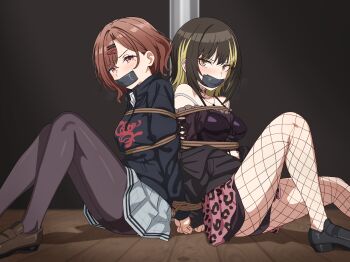 arms_behind_back back-to-back black_hair black_pantyhose black_shoes black_sweater blonde_streaks blush bound bound_arms bound_wrists breasts brown_eyes brown_hair brown_shoes commentary_request commission fishnets gag grey_skirt hair_ornament hairclip highres higuchi_madoka idolmaster idolmaster_shiny_colors ikaruga_luca improvised_gag indoors knee_up knees_up looking_at_viewer milliani mole mole_under_eye multicolored_hair on_floor pantyhose pink_skirt pixiv_commission print_skirt rope shoes sitting skirt streaked_hair sweater tape tape_gag triangle_hair_ornament yellow_eyes