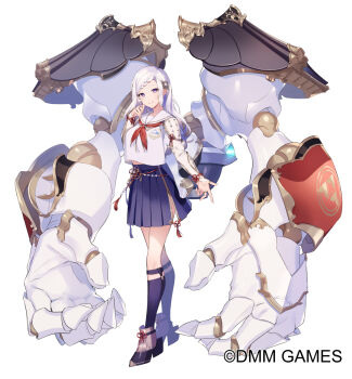 1girl black_shoes black_socks braid character_request closed_mouth commentary_request copyright_notice hair_ornament highres kneehighs long_hair neckerchief oshiro_project:re pekoo_(pekota) pleated_skirt purple_eyes red_neckerchief rigging sailor_collar shirt shoes skirt socks solo tassel white_background white_hair white_sailor_collar white_shirt