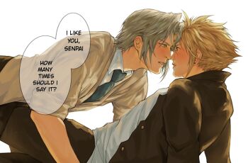 Rule 34 | 2boys, black jacket, blonde hair, blue eyes, blush, cloud strife, cloud strife (midgard seventh high school), commentary, confession, earrings, english commentary, english text, felsparks, final fantasy, final fantasy vii, final fantasy vii: ever crisis, grey hair, highres, jacket, jewelry, long sleeves, looking at another, male focus, multiple boys, official alternate costume, school uniform, sephiroth, sephiroth (ever crisis), sephiroth (shinra private academy), short hair, single earring, speech bubble, spiked hair, straddling, yaoi