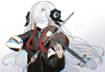 1girl black_flower black_jacket bow_(music) chinese_commentary closed_eyes closed_mouth commentary_request flower grey_background grey_hair hair_flower hair_ornament hair_over_one_eye highres holding holding_bow_(music) holding_instrument holding_violin hourai_kiriri instrument isekaijoucho jacket kamitsubaki_studio long_hair multicolored_hair music playing_instrument red_hair solo two-tone_hair very_long_hair violin virtual_youtuber