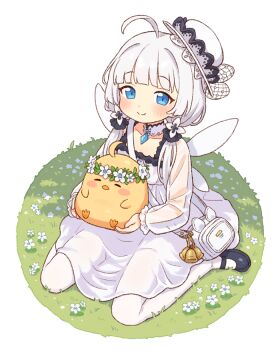 1girl azur_lane baby_animal bird blue_eyes chick commentary dress flower hat little_illustrious_(azur_lane) manjuu_(azur_lane) onyhakase pantyhose see-through_clothes see-through_sleeves sitting smile white_dress white_hair white_pantyhose