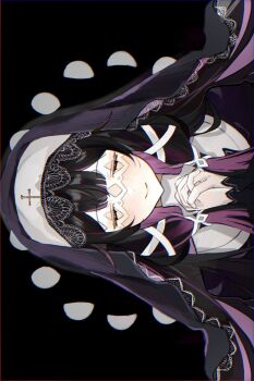1girl alternate_costume black_background black_dress black_hair black_veil blue_border border chromatic_aberration closed_eyes closed_mouth columbina_(genshin_impact) commentary_request cross double-parted_bangs dress eye_mask facing_viewer genshin_impact guimpe hair_ribbon highres lace-trimmed_veil lace_trim long_hair mask moon_phases multicolored_hair nun own_hands_clasped own_hands_together pink_hair pink_streaks red_border ribbon see-through_clothes see-through_mask sideways simple_background smile solo streaked_hair traditional_nun tress_ribbon two-tone_hair veil white_ribbon wimple yayu_yyo430