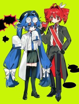 2girls :/ :o ahoge beret black_gloves black_hat black_jacket black_pants black_shoes black_skirt black_thighhighs blank_speech_bubble blue_eyes blue_hair blue_necktie blue_tongue book coke-bottle_glasses collared_shirt colored_tongue commentary_request drill_hair eyewear_on_head full_body glasses gloves green_background hair_intakes hair_ribbon hand_on_own_hip hands_up hat highres higuchi_(bgz2p) holding holding_book jacket kasane_teto kasane_teto_(sv) lab_coat loafers long_hair long_sleeves low-tied_long_hair medium_hair multiple_girls necktie okironpa_(synthesizer_v) open_mouth otomachi_una pants red_eyes red_hair red_necktie red_sash ribbon sash shirt shoes shoulder_sash skirt sleeves_past_fingers sleeves_past_wrists speech_bubble standing synthesizer_v thighhighs twin_drills twintails two-sided_fabric two-sided_jacket v-shaped_eyebrows very_long_hair white_ribbon white_shirt