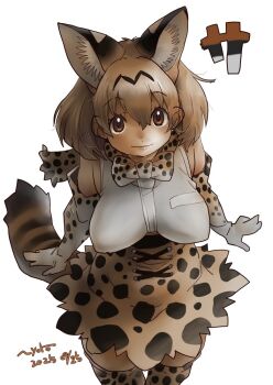 1girl animal_ear_fluff animal_ears bare_shoulders blonde_hair bow bowtie breasts brown_eyes closed_mouth covered_erect_nipples elbow_gloves extra_ears from_above gloves hair_between_eyes high-waist_skirt kemono_friends large_breasts looking_at_viewer nyororiso_(muyaa) print_bow print_bowtie print_gloves print_skirt print_thighhighs serval_(kemono_friends) shirt short_hair skirt sleeveless sleeveless_shirt smile solo striped_tail tail thighhighs traditional_bowtie two-tone_bow two-tone_bowtie white_bow white_bowtie white_shirt zettai_ryouiki