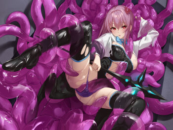 1girl absurdres alone_belm bestiality between_breasts boots breasts cleavage emotionless_sex expressionless highres interspecies large_breasts looking_at_viewer original panties pantyshot pink_hair red_eyes restrained slime_(substance) solo spread_legs tentacle_sex tentacles tentacles_under_clothes thigh_boots thighs torn_clothes underwear