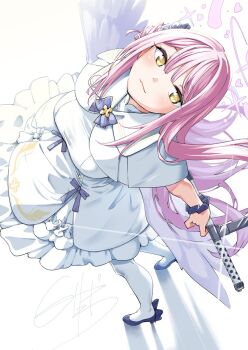 1girl angel_wings blue_archive breasts capelet closed_mouth dress feathered_wings flower frilled_dress frills gold_trim gun hair_bun hair_flower hair_ornament halo high_heels highres holding holding_gun holding_weapon lanchester_smg looking_at_viewer looking_up low_wings medium_breasts mika_(blue_archive) pantyhose pink_hair pink_halo pumps scrunchie shirasagi_rokuwa simple_background single_hair_bun single_side_bun smile solo submachine_gun weapon white_background white_capelet white_dress white_pantyhose white_wings wings wrist_scrunchie yellow_eyes