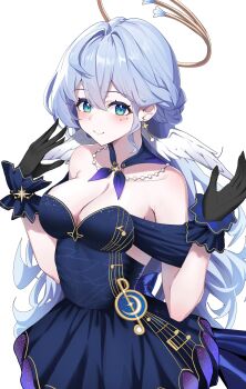 1girl absurdres alphaart alternate_costume blue_hair blush braid breasts detached_collar dress earrings gloves green_eyes hair_between_eyes halo hashtag-only_commentary head_wings highres honkai:_star_rail honkai_(series) jewel_under_eye jewelry long_hair looking_at_viewer medium_breasts musical_note robin_(honkai:_star_rail) side_braid single_earring smile solo very_long_hair white_background wings