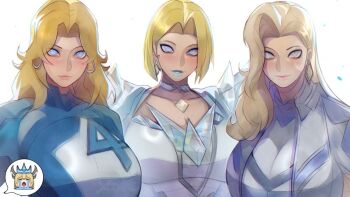 4girls blonde_hair blue_bodysuit blue_eyes blue_lips blush bodysuit breasts choker color_connection crescent crescent_facial_mark dagger_(marvel) earrings emma_frost facial_mark fantastic_four female_focus hair_color_connection jewelry large_breasts lipstick looking_at_viewer magik_(eldritch_armor)_(x-men) magik_(x-men) makeup marvel marvel_rivals moon_tattoo multicolored_bodysuit multiple_girls short_hair sue_storm superhero_costume tattoo trait_connection two-tone_bodysuit x-men xuuikie_ashe